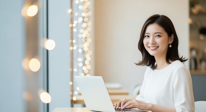 カウンターでパソコンを開いて笑顔の女性